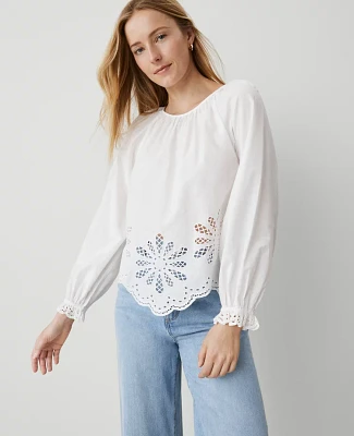 Ann Taylor Weekend Collection Embroidered Popover Top White Women's