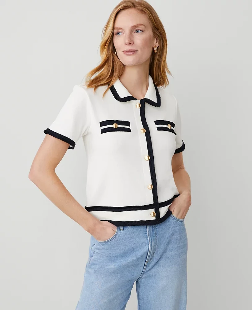 Ann Taylor Petite Tipped Fringe Button Top Size Small Winter White Women's