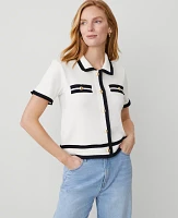 Ann Taylor Petite Tipped Fringe Button Top Size Small Winter White Women's