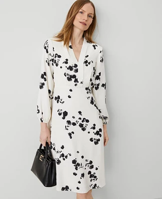 Ann Taylor Petite Floral Shawl Collar Flare Dress Winter White- Black Women's