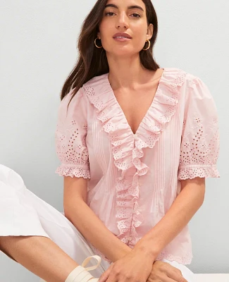Ann Taylor Weekend Collection Embroidered Ruffle Top Women's