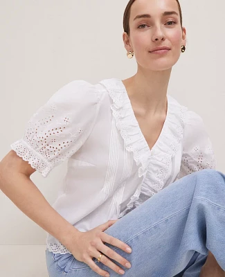 Ann Taylor Weekend Collection Embroidered Ruffle Top Women's