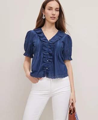 Ann Taylor Weekend Collection Embroidered Ruffle Top Women's