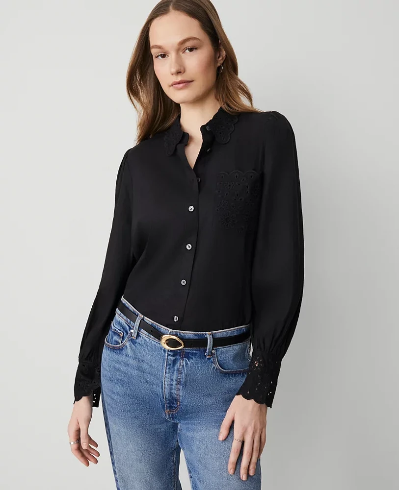 Ann Taylor Petite Embroidered Linen Blend Pocket Shirt Women's