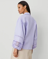 Ann Taylor Embroidered Linen Puff Sleeve Blouse Lilac Bud Women's