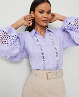 Ann Taylor Embroidered Linen Puff Sleeve Blouse Lilac Bud Women's