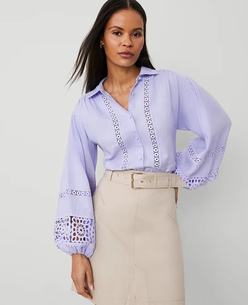 Ann Taylor Embroidered Linen Puff Sleeve Blouse Lilac Bud Women's