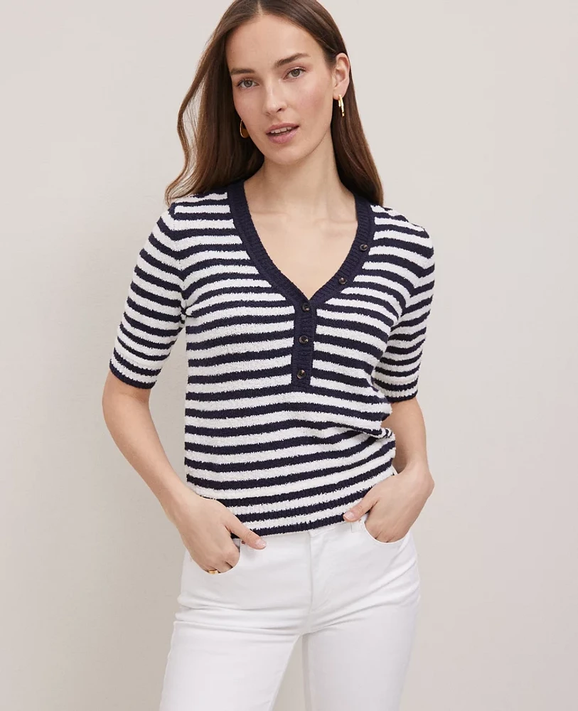 Ann Taylor Weekend Collection Striped Bouclé Henley Sweater Navy/White Women's