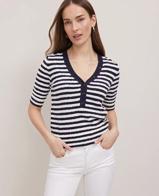 Ann Taylor Weekend Collection Striped Bouclé Henley Sweater Navy/White Women's