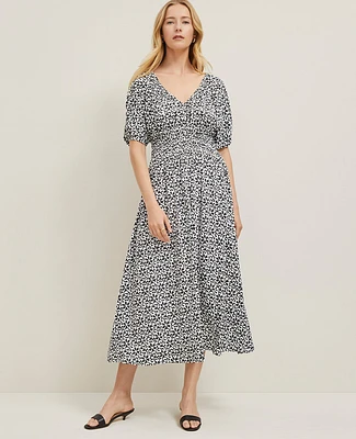 Ann Taylor Floral Smocked Puff Sleeve Dress Black Women's