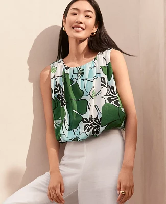 Ann Taylor Floral Gathered Bubble Hem Top Leafy Green Women's