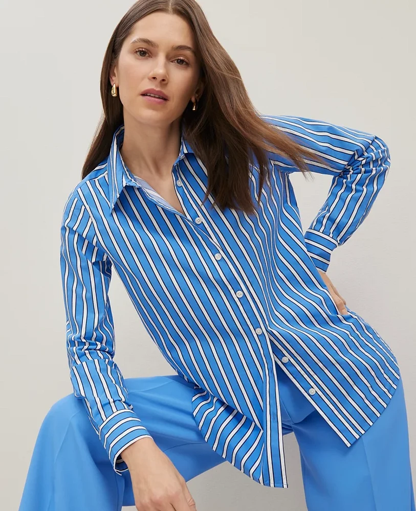 Ann Taylor Striped Relaxed Perfect Shirt Maritime Blue Women's