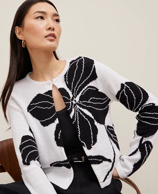Ann Taylor Petite Floral Jacquard Open Cardigan White- Black Women's