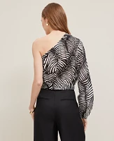 Ann Taylor Petite One-Shoulder Blouse Palm Print Black Women's