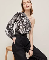 Ann Taylor Petite One-Shoulder Blouse Palm Print Black Women's