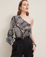 Ann Taylor Petite One-Shoulder Blouse Palm Print Black Women's
