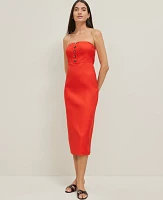 Ann Taylor The Petite Buttoned Strapless Dress Linen Twill Fiery Red Women's
