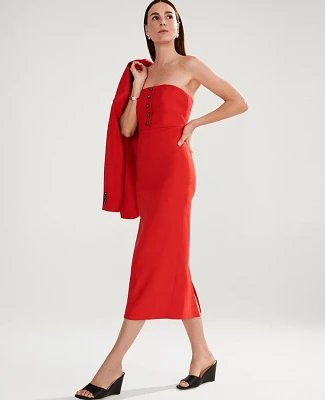 Ann Taylor The Petite Buttoned Strapless Dress Linen Twill Fiery Red Women's