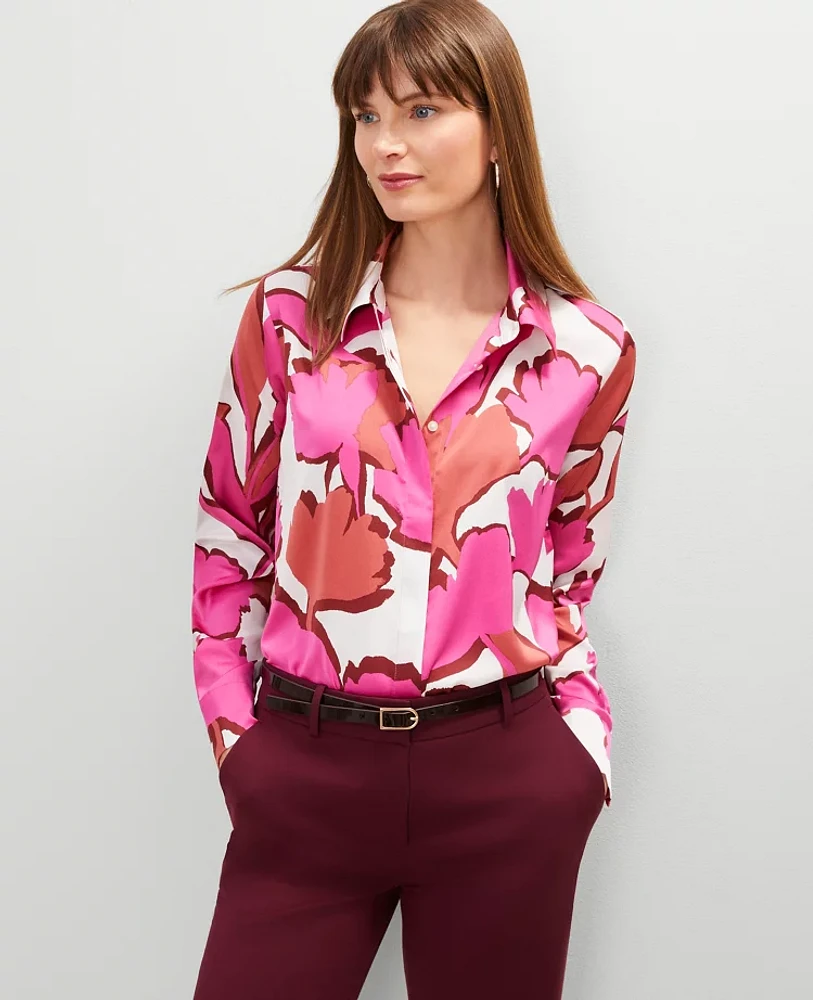 Ann Taylor Floral Satin Essential Shirt Rose Violet Women's