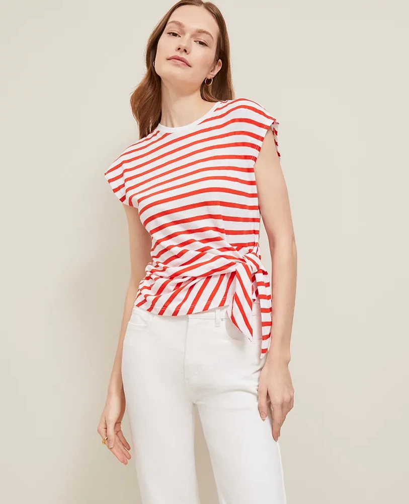 Ann Taylor Striped Tie Waist T-Shirt Fiery Red Women's