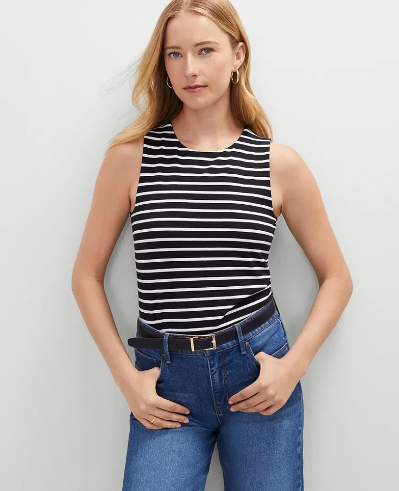 Ann Taylor Striped Crew Neck Shell Top Black Women's