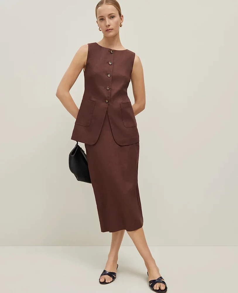 Ann Taylor The Petite Midi Skirt Linen Twill Rich Walnut Women's