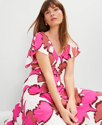 Ann Taylor Petite Floral Flutter Sleeve Midi Dress Rose Violet Women's