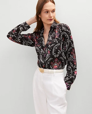 Ann Taylor Petite Floral Camp Shirt Black Women's