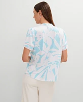 Ann Taylor Floral Lace Trim Mixed Media Top White-Gulf Stream Blue Women's