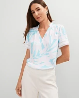 Ann Taylor Floral Lace Trim Mixed Media Top White-Gulf Stream Blue Women's