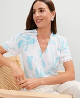 Ann Taylor Floral Lace Trim Mixed Media Top White-Gulf Stream Blue Women's