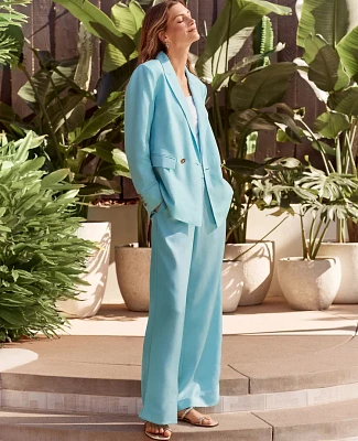 Ann Taylor The Petite Pull-On Wide-Leg Pant Satin Gulf Stream Blue Women's