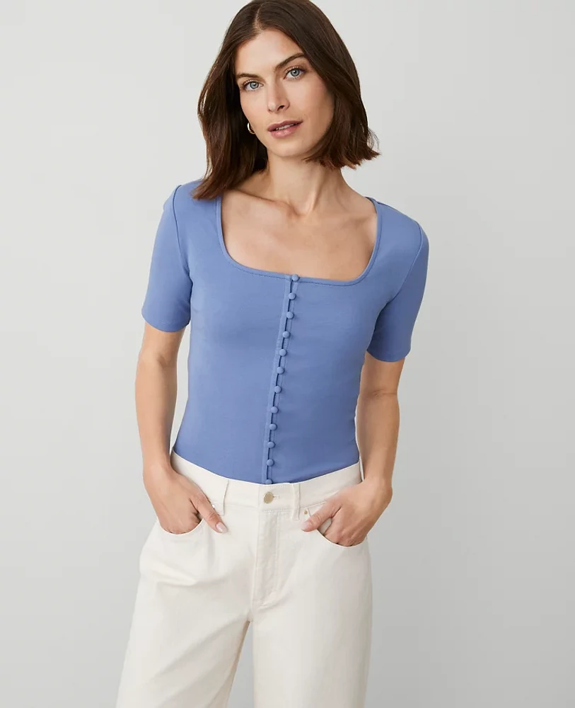 Ann Taylor Petite Button Square Neck T-Shirt Women's