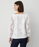 Ann Taylor Petite Embroidered Square Neck Puff Sleeve Blouse White Women's