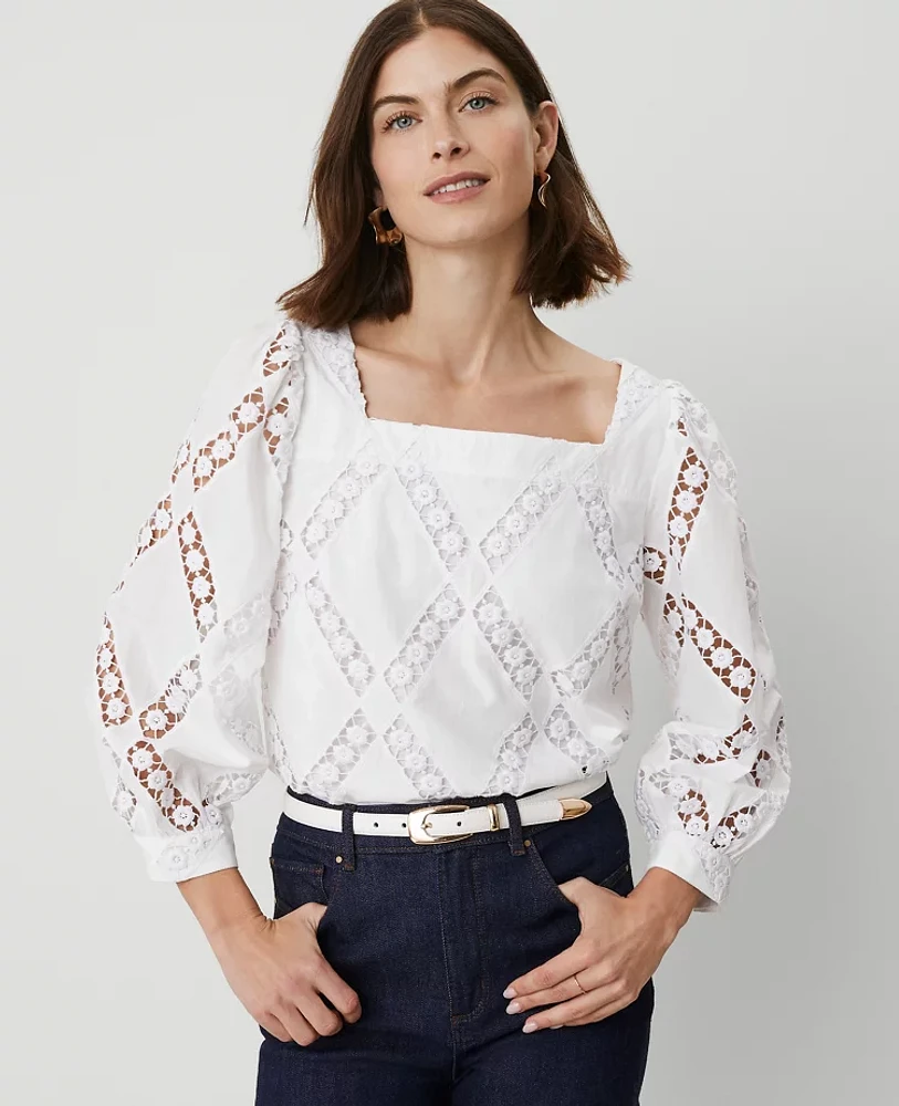 Ann Taylor Petite Embroidered Square Neck Puff Sleeve Blouse White Women's