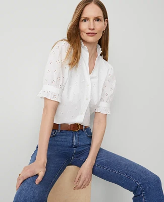 Ann Taylor Eyelet Ruffle Collar Blouse White Women's