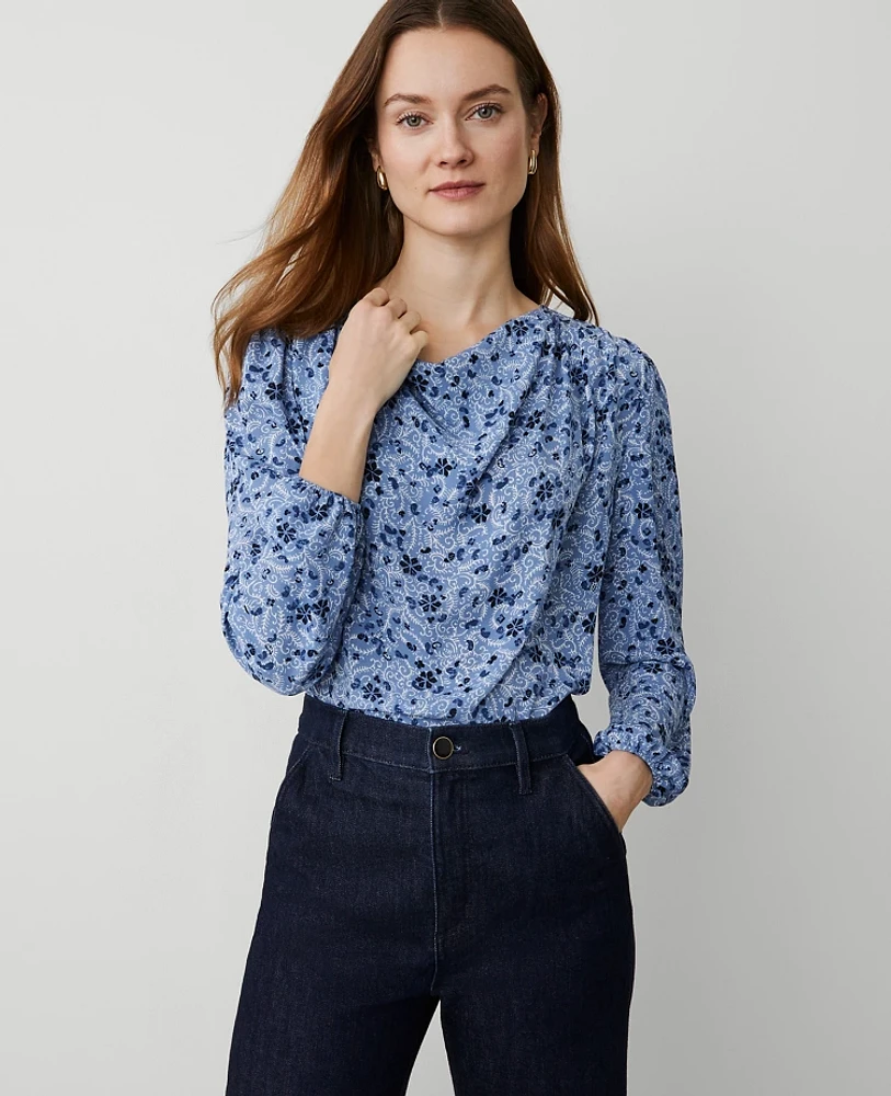 Ann Taylor Floral Cowl Neck Top Colony Blue Women's