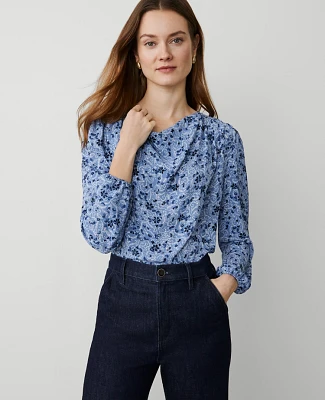 Ann Taylor Floral Cowl Neck Top Colony Blue Women's