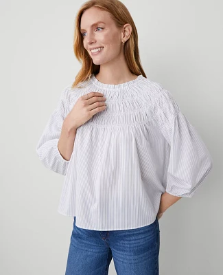 Ann Taylor Petite Striped Smocked Shoulder Top White Women's