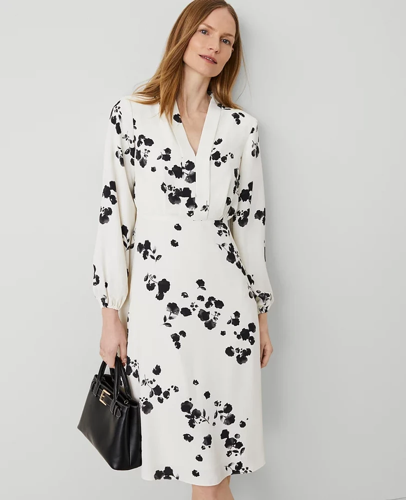 Ann Taylor Floral Shawl Collar Flare Dress Winter White- Black Women's