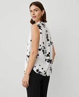 Ann Taylor Floral Satin Shirred Yoke Sleeveless Shirt Winter White- Black Women's