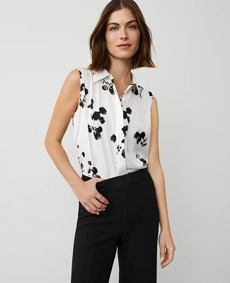 Ann Taylor Floral Satin Sleeveless Shirt Winter White- Black Women's