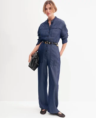 Ann Taylor Weekend Collection Chambray Stand Collar Jumpsuit Indigo Wash Women's