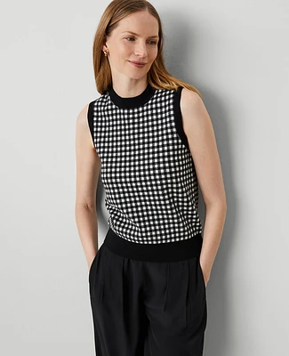 Ann Taylor Gingham Mock Neck Sweater Shell Top Black/White Combo Women's