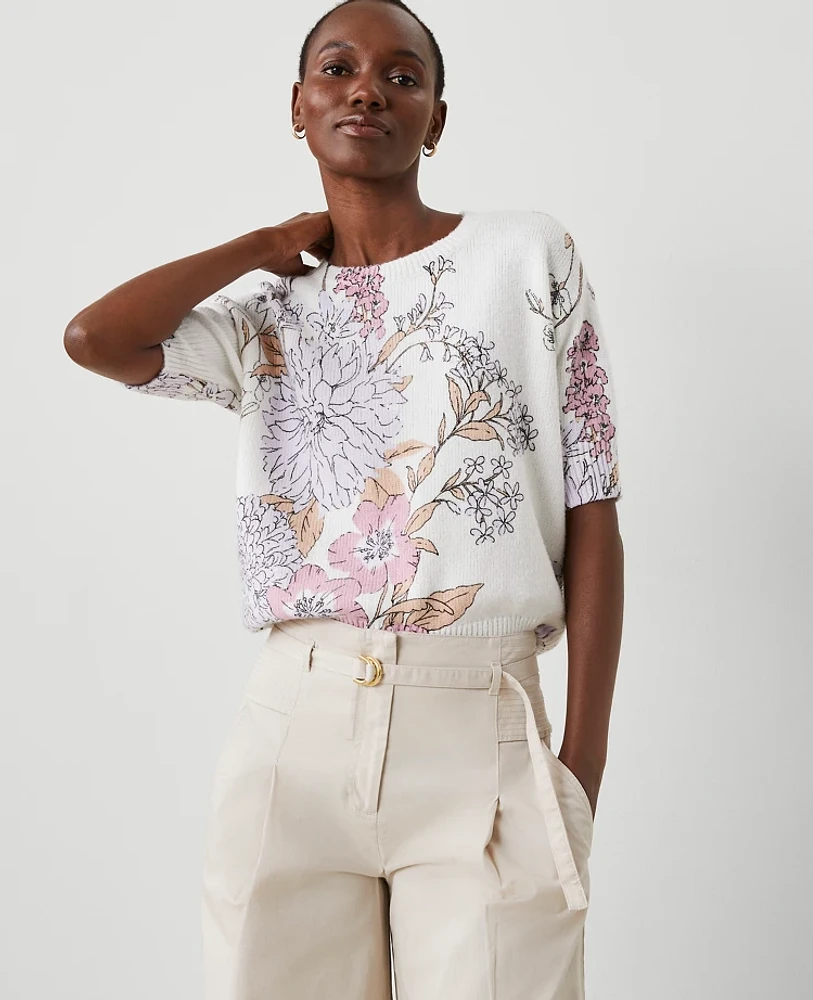 Ann Taylor Floral Elbow Sleeve Sweater T-Shirt Orchid Hash Women's