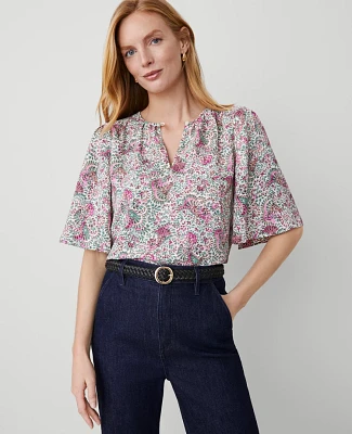 Ann Taylor Petite Floral Draped Sleeve Blouse Orchid Glow Women's