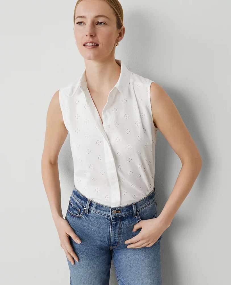 Ann Taylor Eyelet Shirred Sleeveless Shirt White Women's