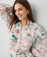 Ann Taylor Petite Map Print Blouson Sleeve Blouse Burnt Mauve Women's