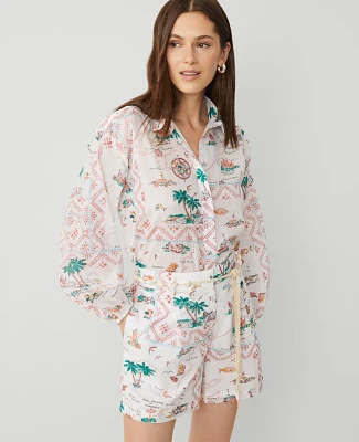 Ann Taylor Petite Map Print Blouson Sleeve Blouse Burnt Mauve Women's