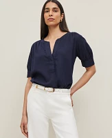 Ann Taylor Petite Half Sleeve Linen Blend Popover Top Women's